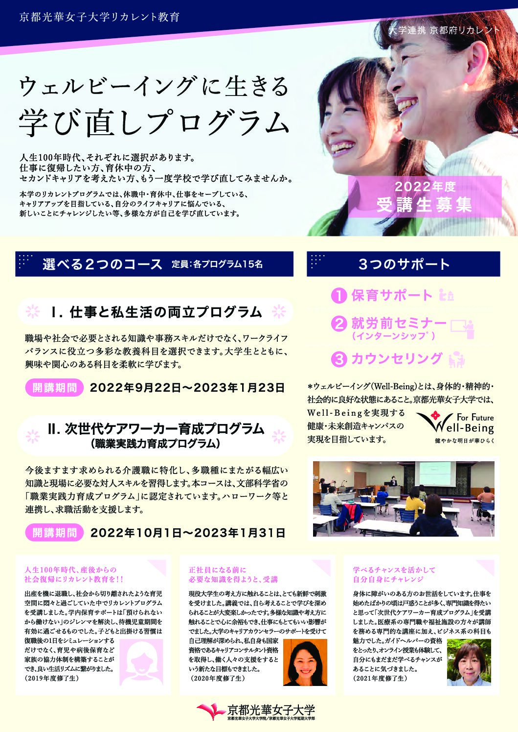 京都光華　2022年度リカレントプログラム（「ウェルビーイングに生きる学び直し」）受講生募集